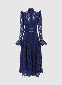 Exclusive Leo Lin Aliyah Lace Butterfly Sleeve Midi Dress in Oxford blue