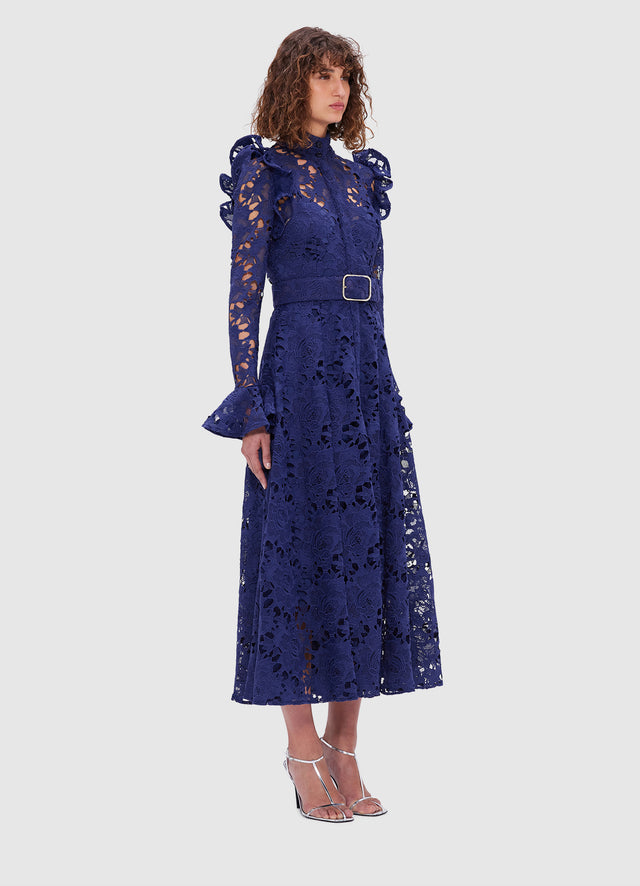 Exclusive Leo Lin Aliyah Lace Butterfly Sleeve Midi Dress in Oxford blue