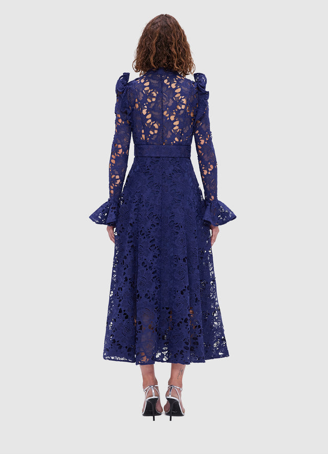 Exclusive Leo Lin Aliyah Lace Butterfly Sleeve Midi Dress in Oxford blue