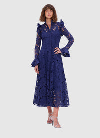 Exclusive Leo Lin Aliyah Lace Butterfly Sleeve Midi Dress in Oxford Blue