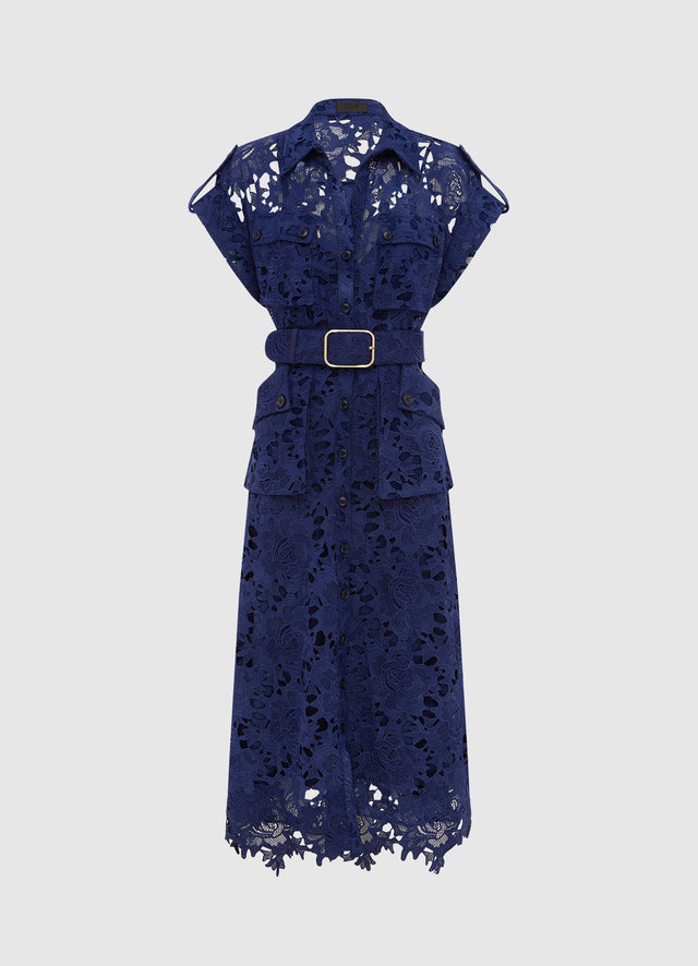 Exclusive Leo Lin Audrey Lace Pocket Shirt Midi Dress in Oxford Blue