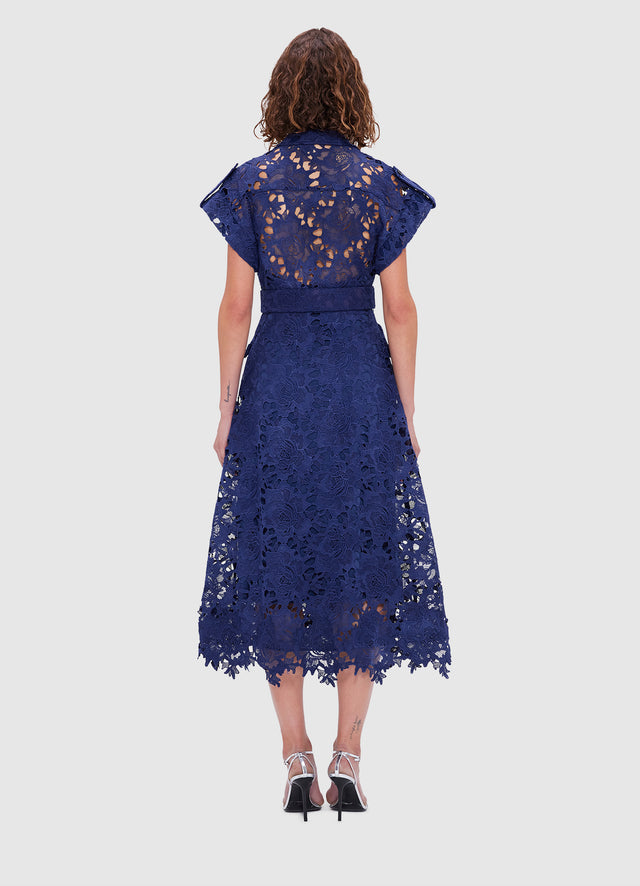 Exclusive Leo Lin Audrey Lace Pocket Shirt Midi Dress in Oxford Blue