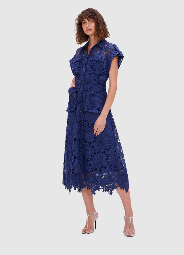 Exclusive Leo Lin Audrey Lace Pocket Shirt Midi Dress in Oxford Blue