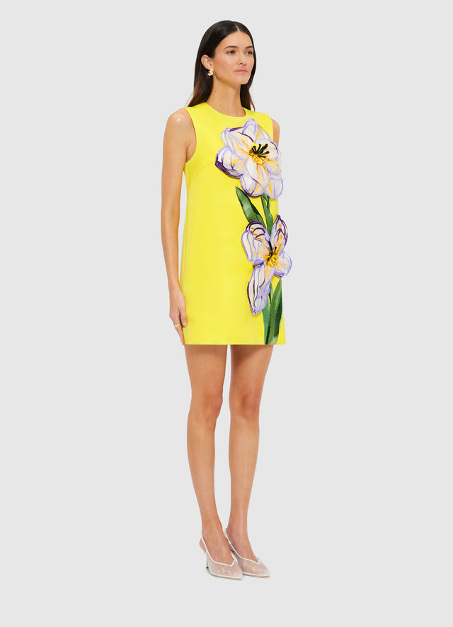 Exclusive Leo Lin Yvonne Appliqué Floral Mini Dress in Iris Print in Yellow