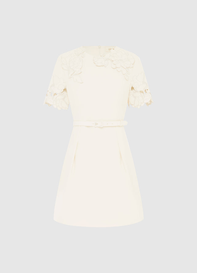 Exclusive LEO LIN Aurélie Appliqué Short Sleeve Mini Dress in Cream