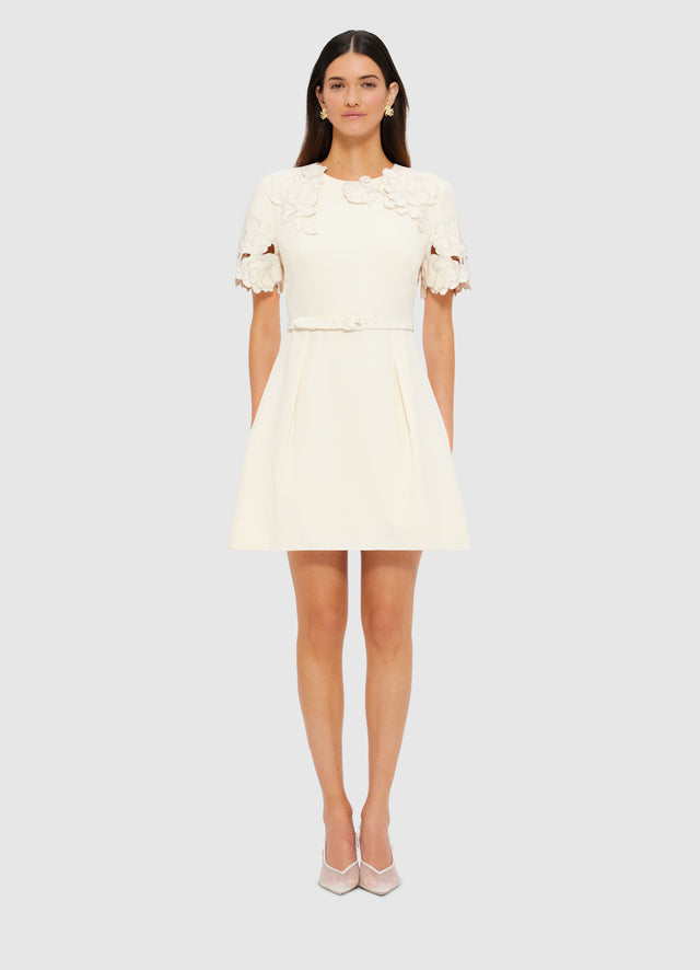 Exclusive LEO LIN Aurélie Appliqué Short Sleeve Mini Dress in Cream