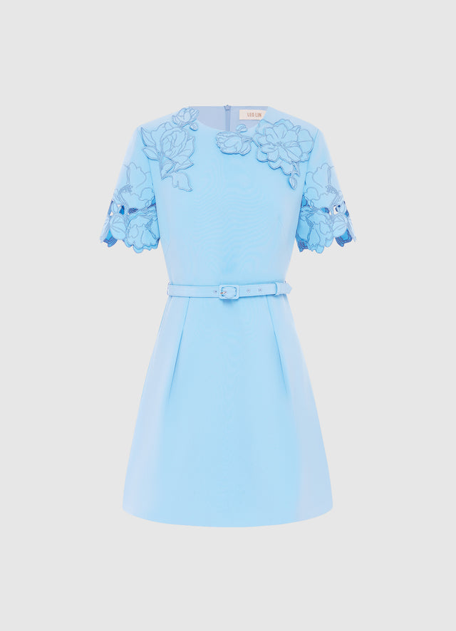 Exclusive LEO LIN Aurélie Appliqué Short Sleeve Mini Dress in Cornflower Blue