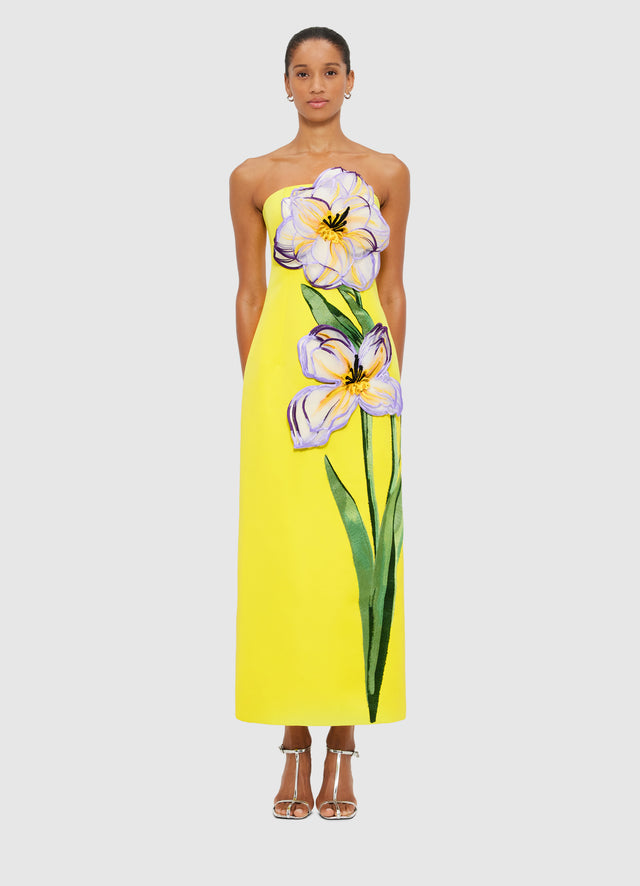 Exclusive Leo Lin Rayna Appliqué Floral Maxi Dress in Iris Print in Yellow