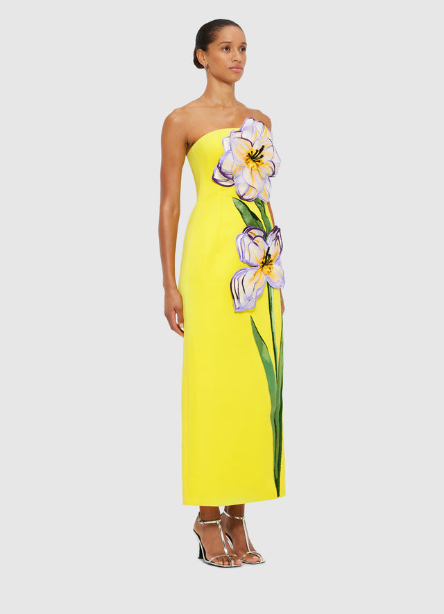 Exclusive Leo Lin Rayna Appliqué Floral Maxi Dress in Iris Print in Yellow