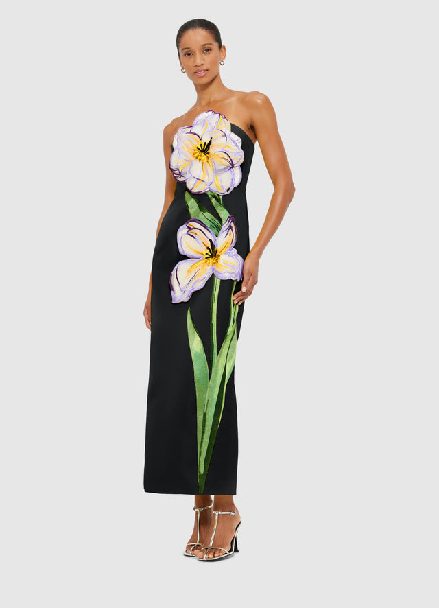 Exclusive Leo Lin Rayna Appliqué Floral Bustier Maxi Dress - Iris Print in Ebony