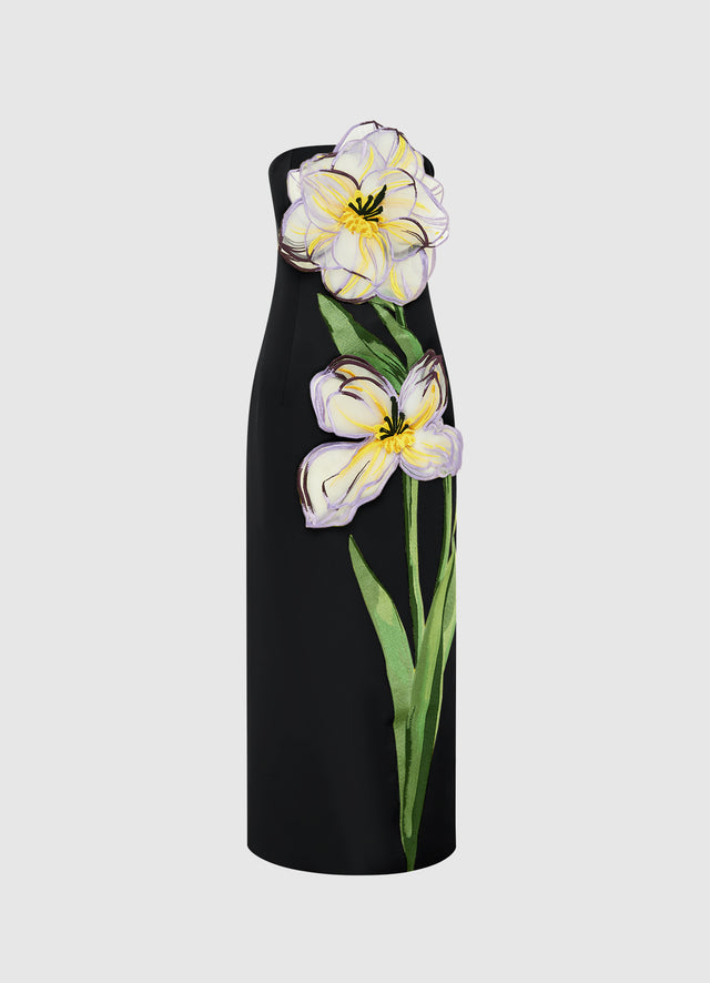 Exclusive Leo Lin Rayna Appliqué Floral Bustier Maxi Dress - Iris Print in Ebony