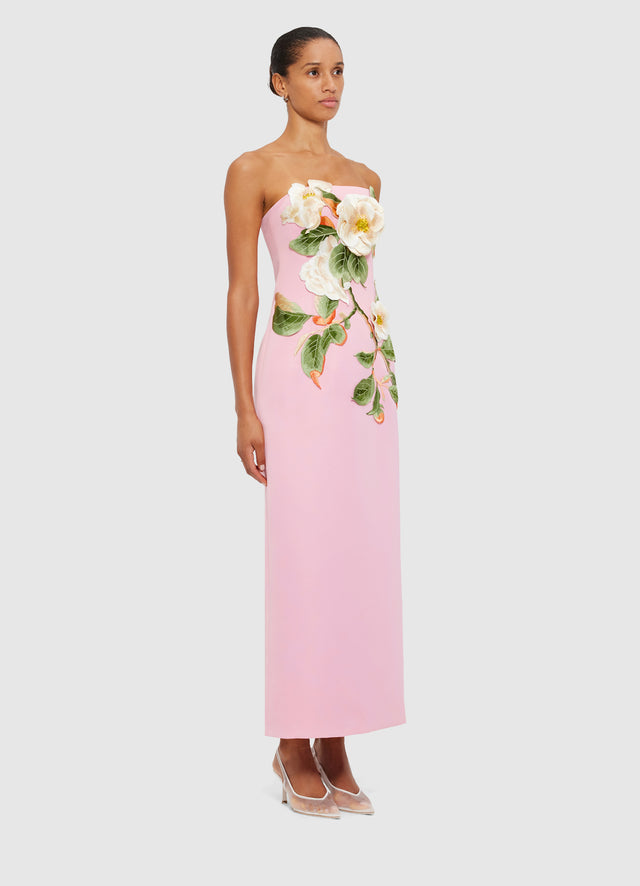 Rayna Appliqué Floral Bustier Maxi Dress in Camelia Print