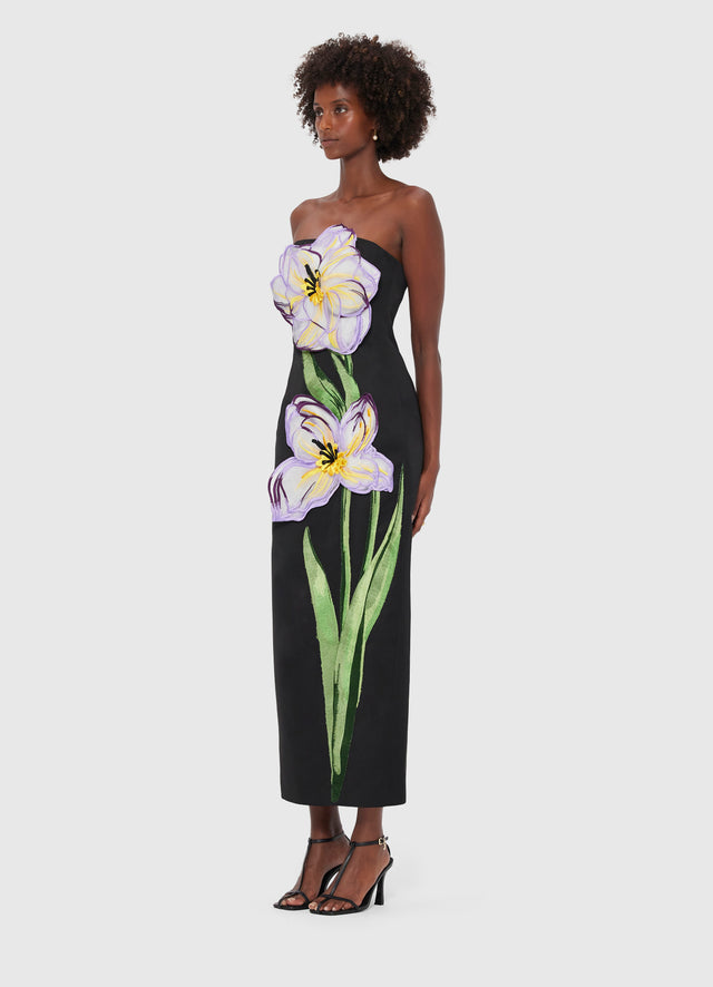 Exclusive Leo Lin Rayna Appliqué Floral Bustier Maxi Dress - Iris Print in Ebony