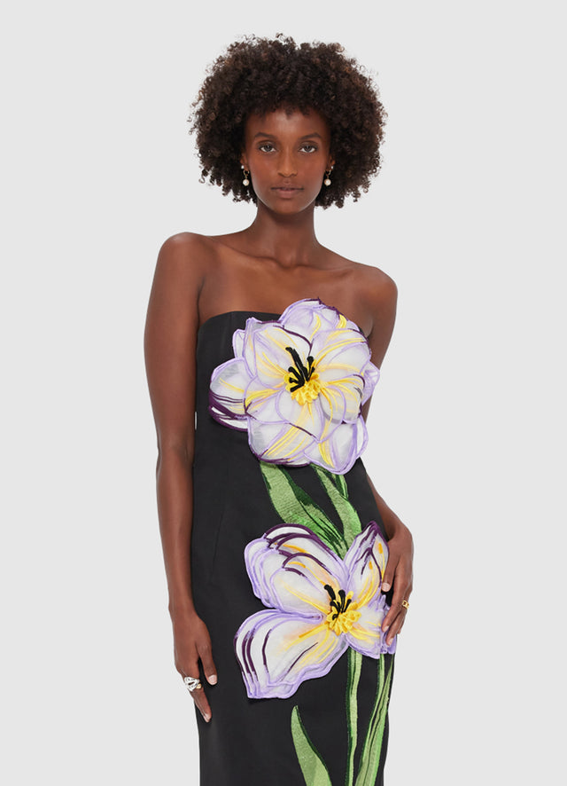 Exclusive Leo Lin Rayna Appliqué Floral Bustier Maxi Dress - Iris Print in Ebony