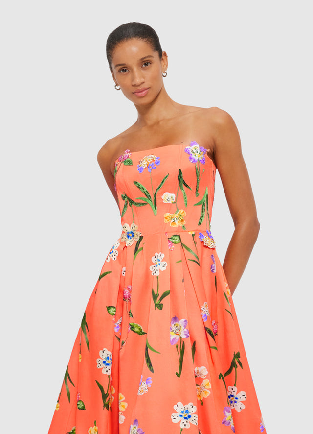 Exclusive Leo Lin Lynn Bustier Midi Dress in Wild Flower in Coral