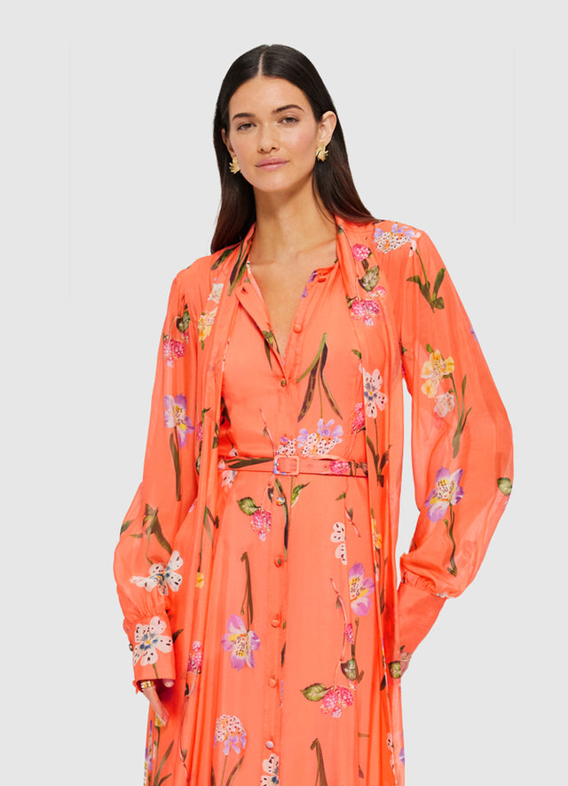 Exclusive Leo Lin Liliane Tie Neck Midi Dress in Wild Flower in Coral