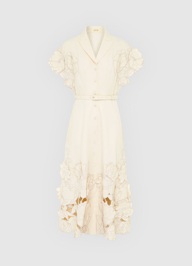 Exclusive LEO LIN Aubrey Appliqué Shirt Midi Dress in Cream