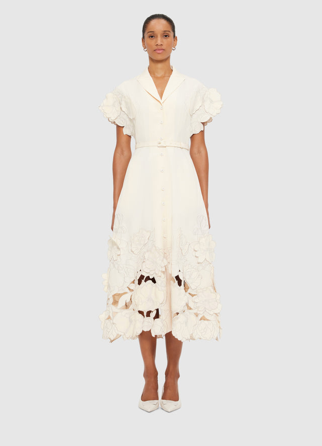 Exclusive LEO LIN Aubrey Appliqué Shirt Midi Dress in Cream