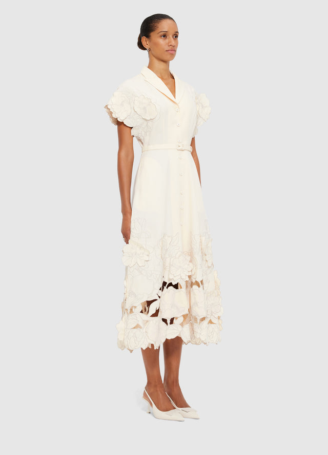 Exclusive LEO LIN Aubrey Appliqué Shirt Midi Dress in Cream