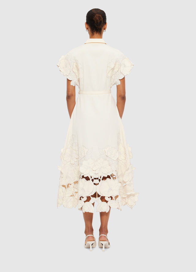 Exclusive LEO LIN Aubrey Appliqué Shirt Midi Dress in Cream