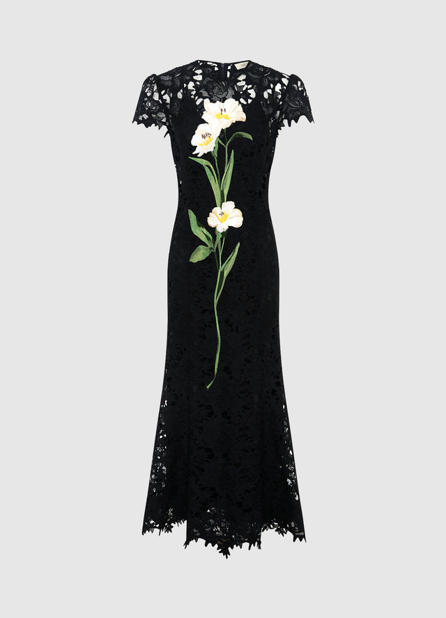 Exclusive Leo Lin Monique Embroidered Lace Maxi Dress in Ebony