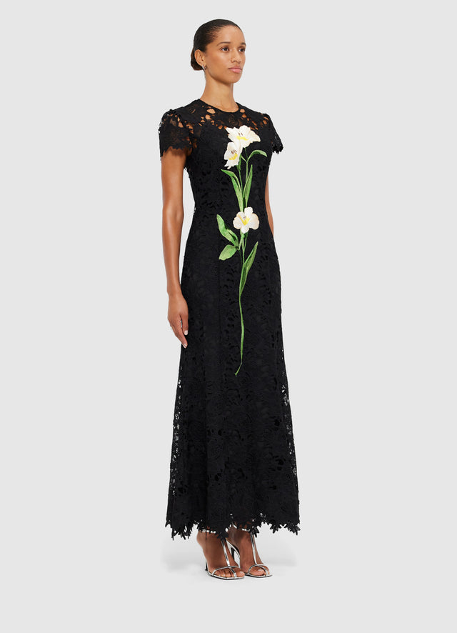 Exclusive Leo Lin Monique Embroidered Lace Maxi Dress in Ebony