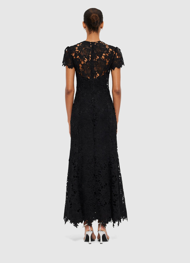 Exclusive Leo Lin Monique Embroidered Lace Maxi Dress in Ebony