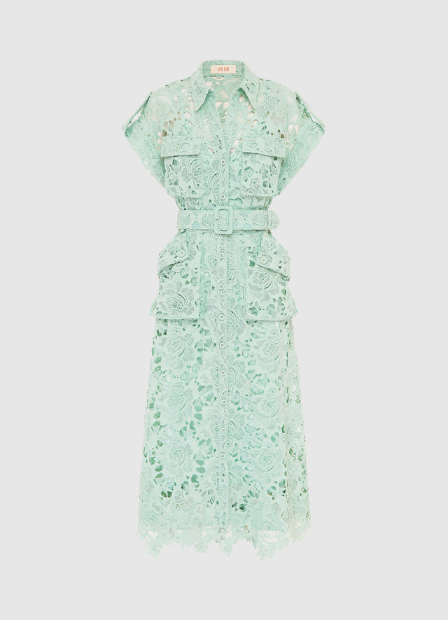 Exclusive Leo Lin Audrey Lace Pocket Shirt Midi Dress in Pistachio