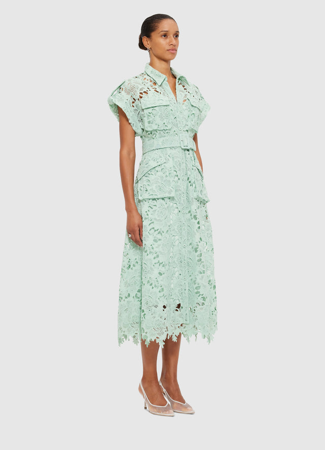 Exclusive Leo Lin Audrey Lace Pocket Shirt Midi Dress in Pistachio