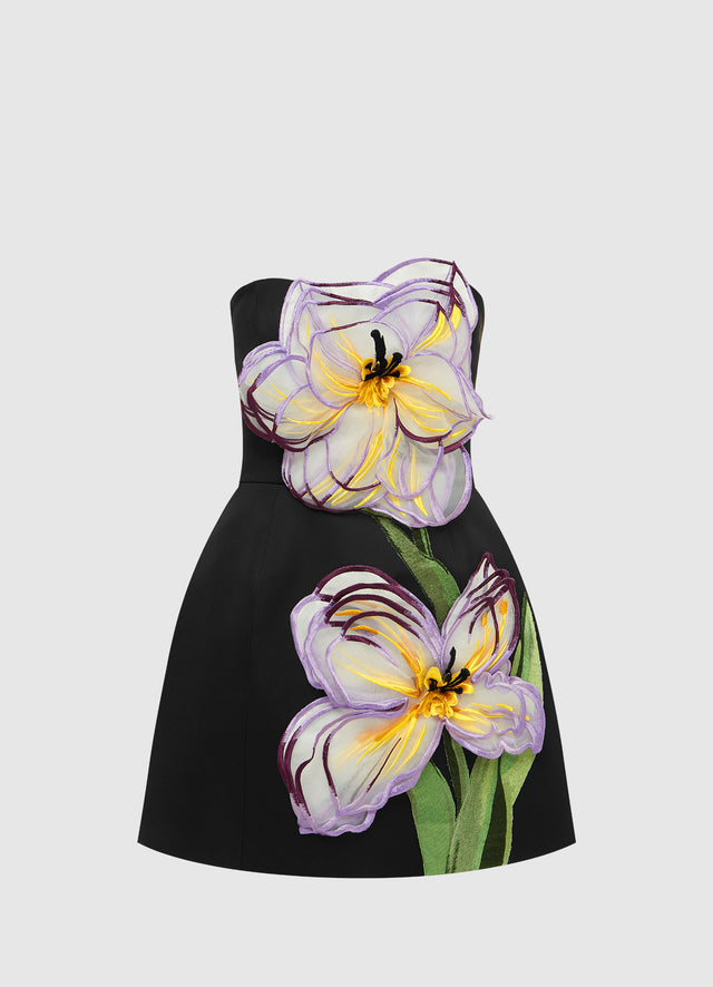 Exclusive Leo Lin Rosario Appliqué Floral Bustier Mini Dress - Iris Print in Ebony