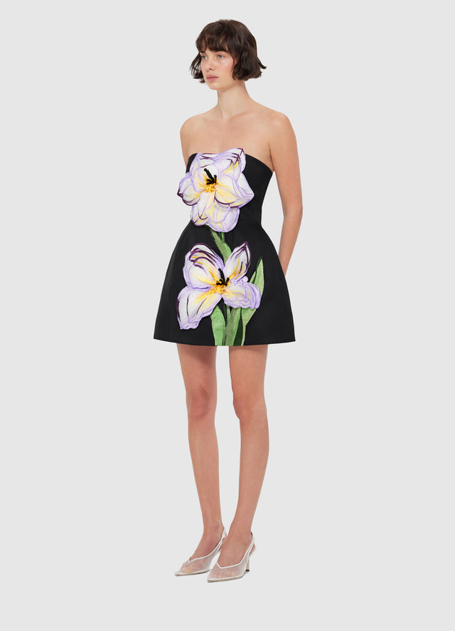 Exclusive Leo Lin Rosario Appliqué Floral Bustier Mini Dress - Iris Print in Ebony