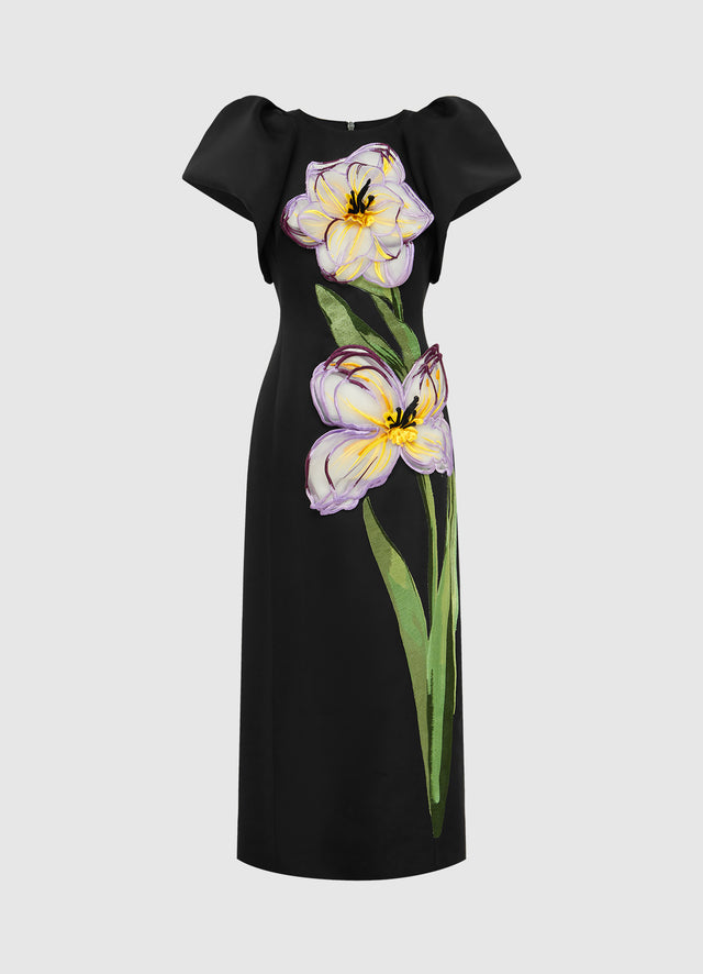 Exclusive Leo Lin Lucinda Appliqué Floral Maxi Dress - Iris Print in Ebony