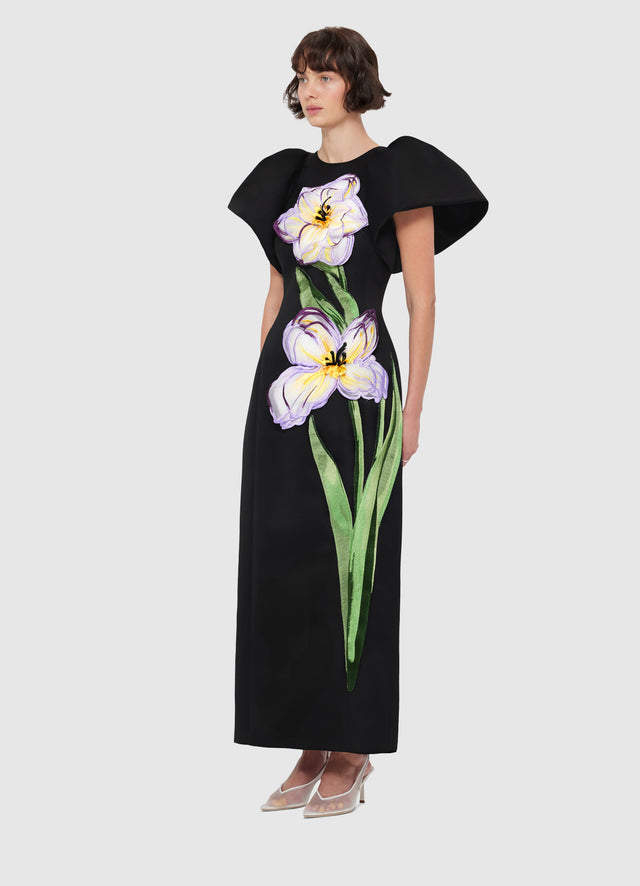 Exclusive Leo Lin Lucinda Appliqué Floral Maxi Dress - Iris Print in Ebony