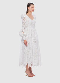 Exclusive Leo Lin Lilah Lace Structured Shoulder V Neck Dress in Snow