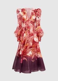 Exclusive Leo Lin Lilah Structured Shoulder V Neck Dress in Adorn Print in Passion