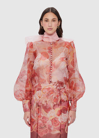 Exclusive Leo Lin Liliana Silk Organza Bow Tie Blouse in Adorn Print in Passion