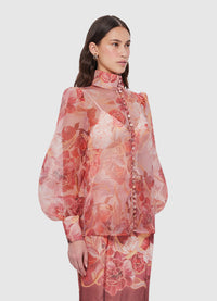 Exclusive Leo Lin Liliana Silk Organza Bow Tie Blouse in Adorn Print in Passion