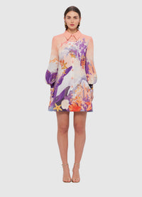 Exclusive Leo Lin Luminous Linen Mini Dress in Neptune Print in Coral 