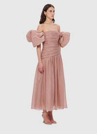 Exclusive Leo Lin Lydia Puff Sleeve Midi Dress in Dusty Pink