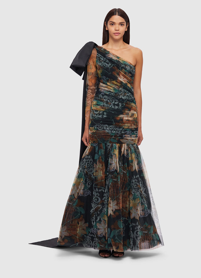 Exclusive Leo Lin Maddie One Shoulder Gown in Azalea Print in Twilight