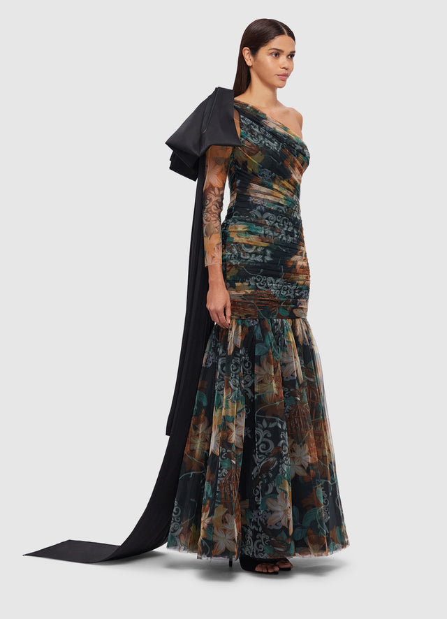 Exclusive Leo Lin Maddie One Shoulder Gown in Azalea Print in Twilight