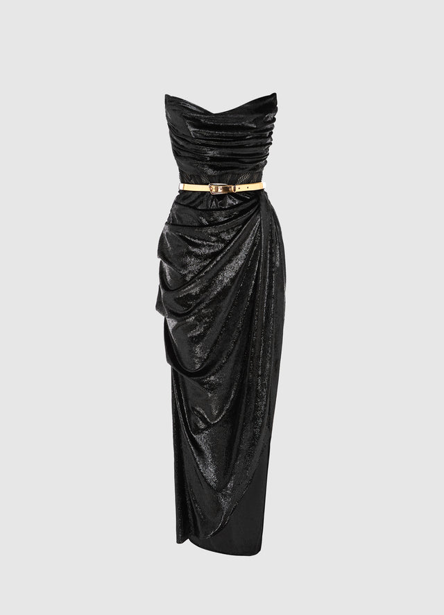 Exclusive Leo Lin Madelyn Velvet Draped Split Dress in Ebony