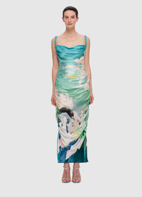 Exclusive Leo Lin Rachel Cowl Neck Slip Dress in Neptune Print in Seagrass