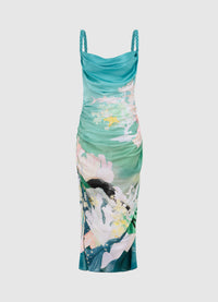 Exclusive Leo Lin Rachel Cowl Neck Slip Dress in Neptune Print in Seagrass