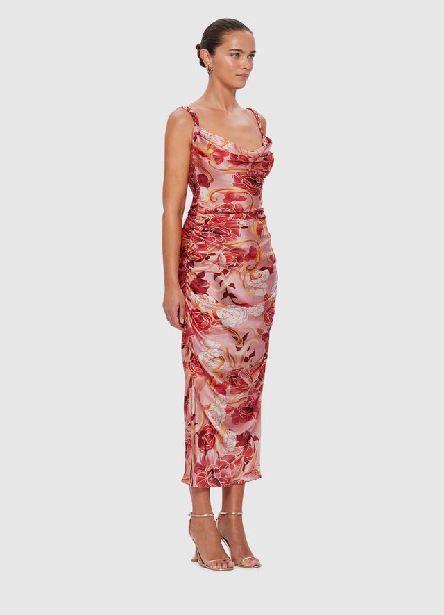 Exclusive Leo Lin Rachel Cowl Neck Slip Dress in Adorn Print in Passion