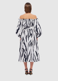 Exclusive Leo Lin Sarah Off- Shoulder Midi Dress in Tiger Print in White