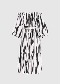 Exclusive Leo Lin Sarah Off- Shoulder Midi Dress in Tiger Print in White