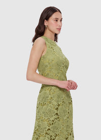 Exclusive Leo Lin Serena Lace Midi Dress in Olive