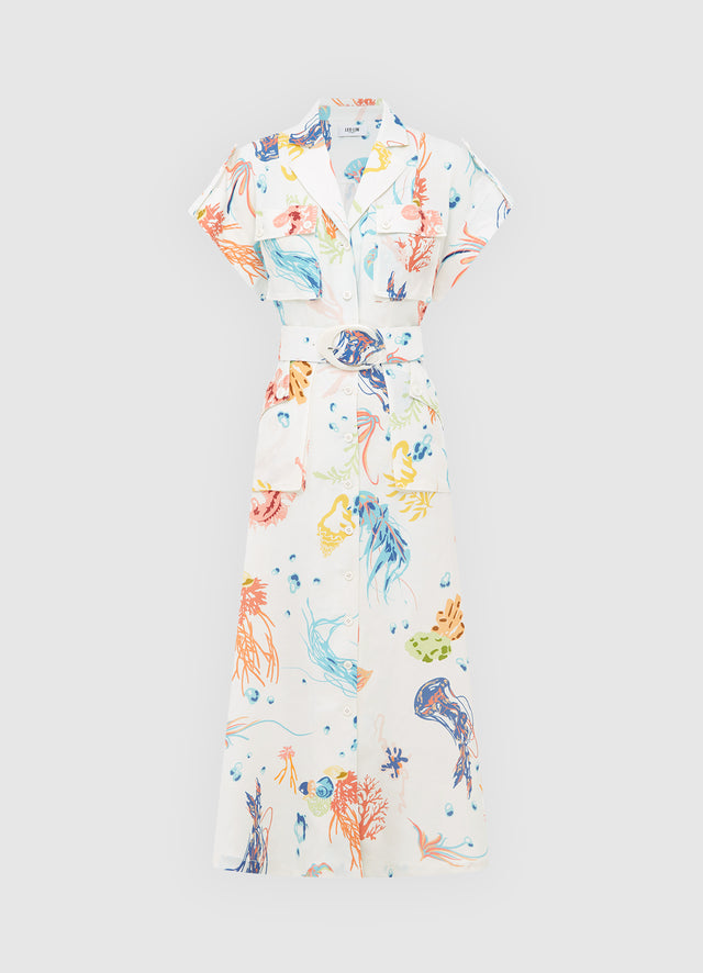 Exclusive Leo Lin Audrey Pocket Shirt Midi Dress in Twilight Print in White