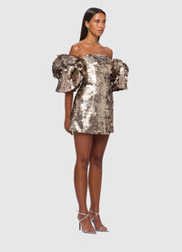 Brenda Sequin Puffy Sleeve Mini Dress - Gold